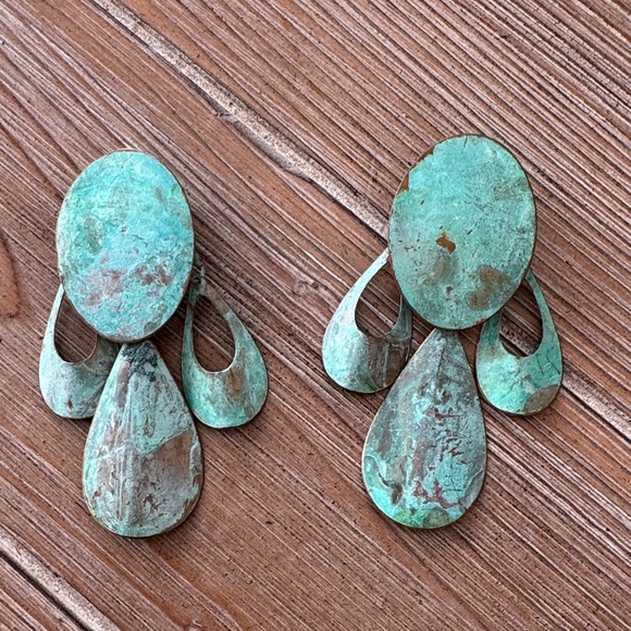 Copper patina earrings, Vintage earrings, Turquoise Statement Earrings - Picture 1 of 5